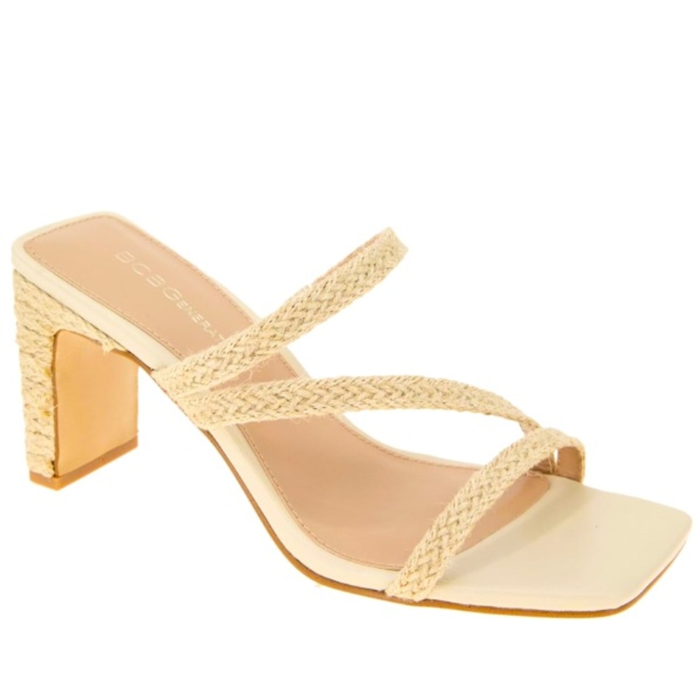 BCBGeneration Fisher High Heels Sandals Raffia Square Toe Tan Cream sz 7.5